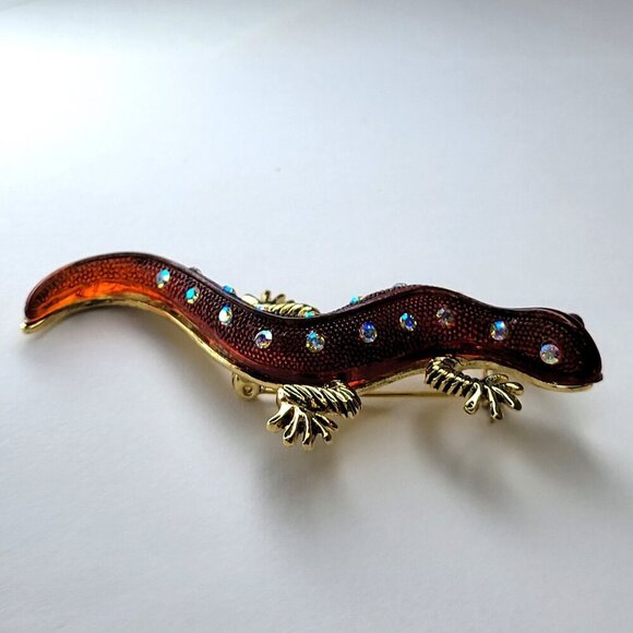 Gold Tone Lucite Aurora Crystal Lizard/Gecko Pin/Brooch - Picture 6 of 14